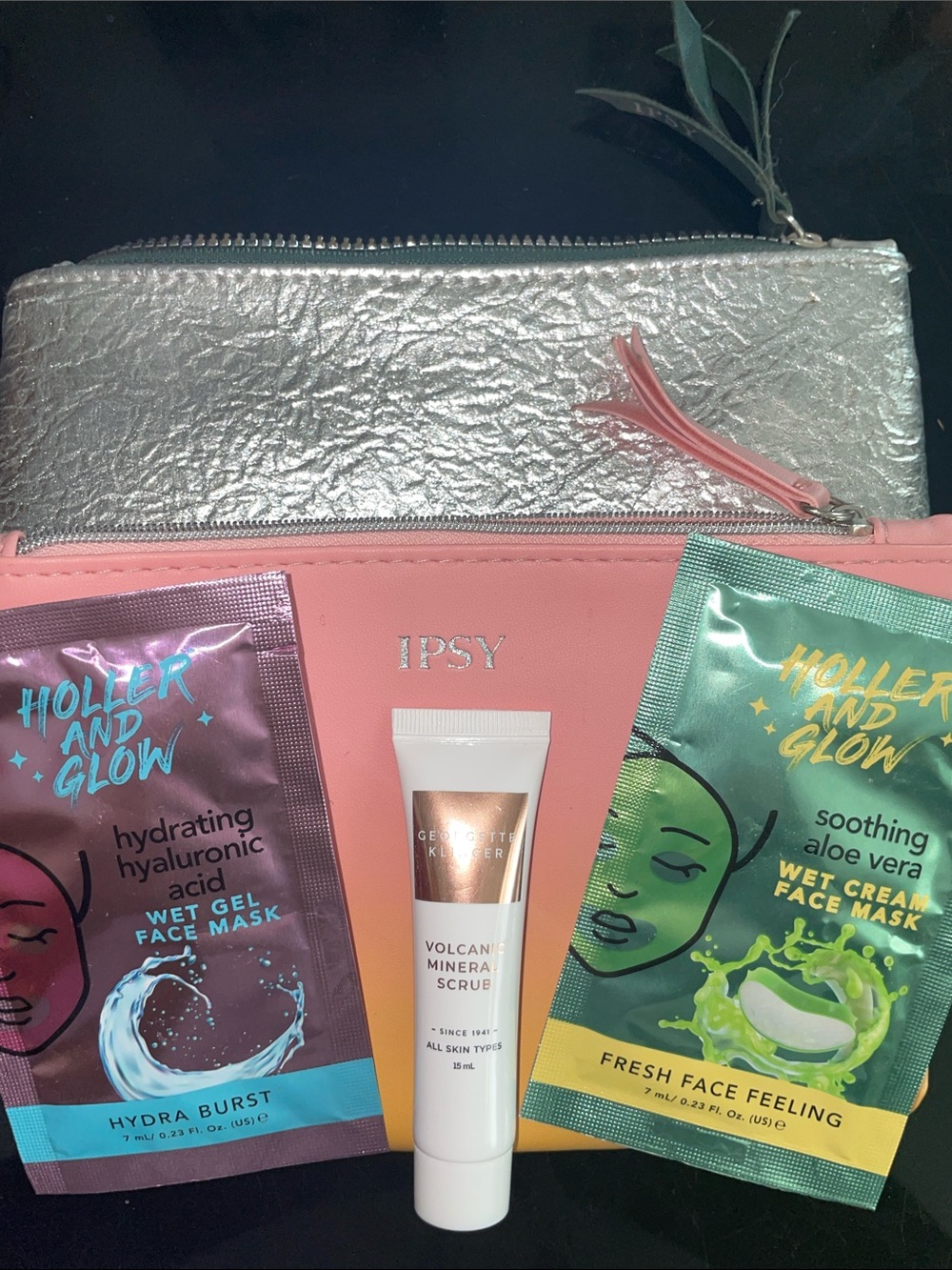 Pink and Silver Makeup Pouch with Skincare
